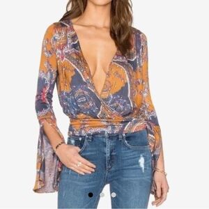 Free People Yellow Paisley Wrap Top